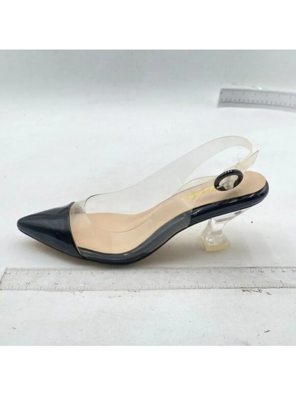 XYD Women Transparent Slingback Clear Low Heels Pumps Pointed Toe PVC Black